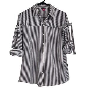 Vince Camuto White‎ Black Striped Bow Sleeve Coastal Button Up Shirt Women's XS